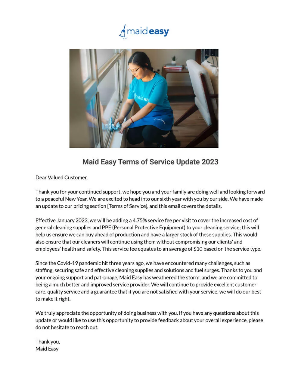 Maid Easy Service Policy Update 2023